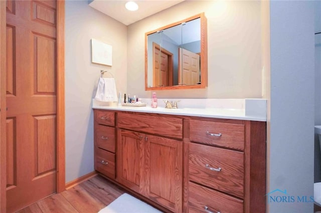 2028 Lakeland Dr, Findlay, OH 45840 - bathroom featuring baseboards, wood finished floors, and vanity