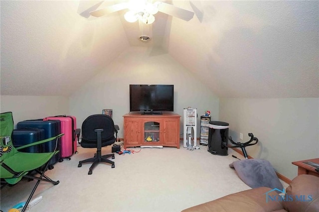 2028 Lakeland Dr, Findlay, OH 45840 - office featuring a ceiling fan, lofted ceiling, and light carpet