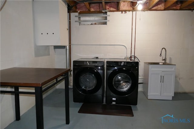 6553 Abbey Run Unit D13, Sylvania, OH 43560 - washroom with a sink, concrete block wall, laundry area, and washing machine and clothes dryer
