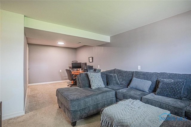 living room featuring recessed lighting, baseboards, and carpet
