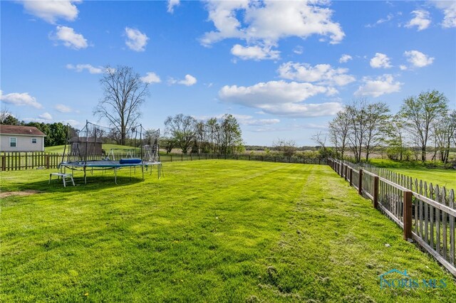 view of yard featuring a fenced backyard and a trampoline