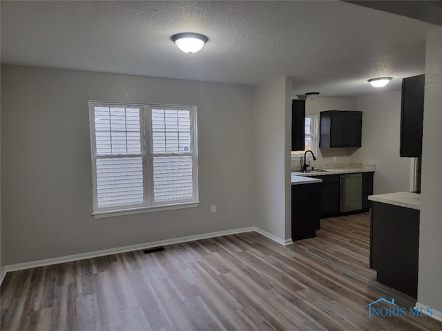 interior space featuring light countertops, a textured ceiling, a wealth of natural light, and wood finished floors