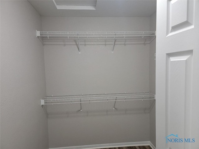 walk in closet with wood finished floors