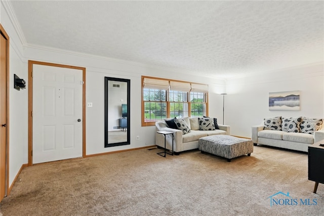 carpeted living room with crown molding and baseboards