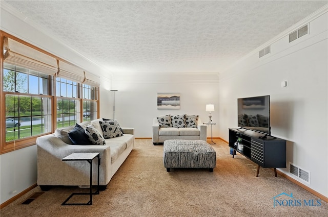 living area featuring visible vents, carpet flooring, and a textured ceiling