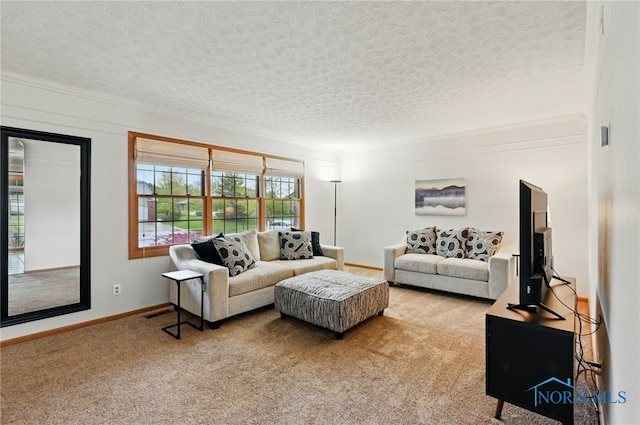 living room featuring carpet floors, a textured ceiling, baseboards, and visible vents