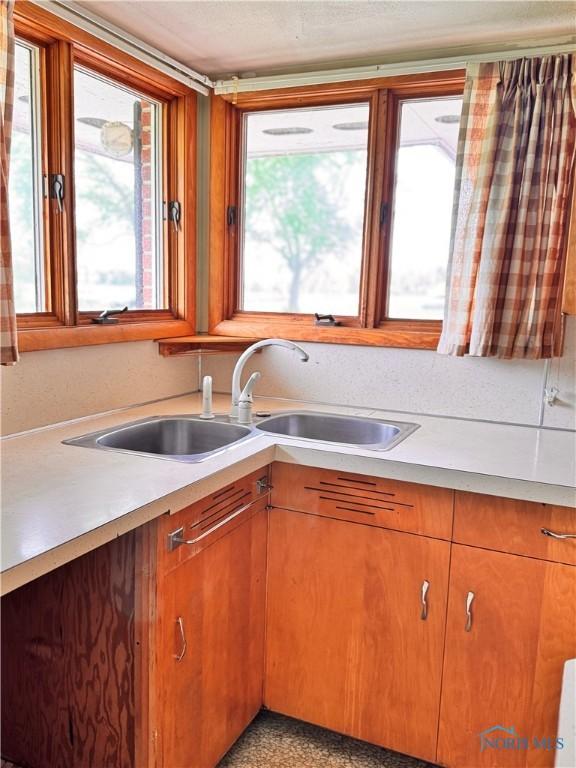 980 E Riverview Ave, Napoleon, OH 43545 - kitchen featuring healthy amount of natural light, light countertops, a sink, and brown cabinetry