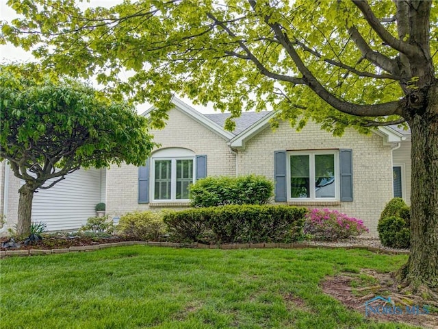 view of home's exterior with a lawn and brick siding