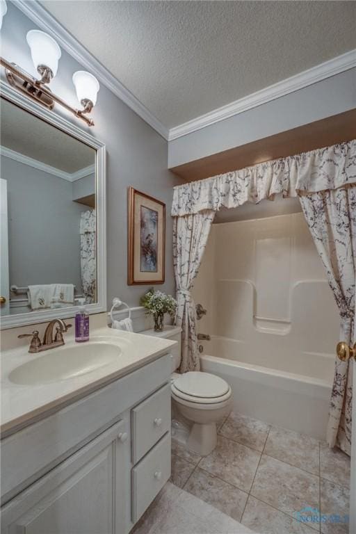 full bath with crown molding, tile patterned flooring, vanity, toilet, and shower / bath combo with shower curtain