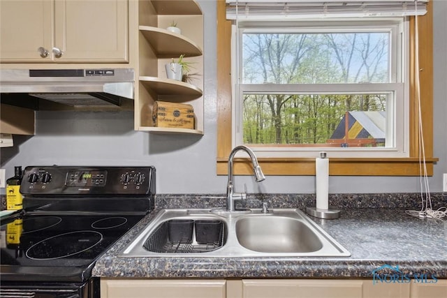 22020 Switzer Rd, Defiance, OH 43512 - kitchen view of black electric range oven, under cabinet range hood, a sink, and dark countertops