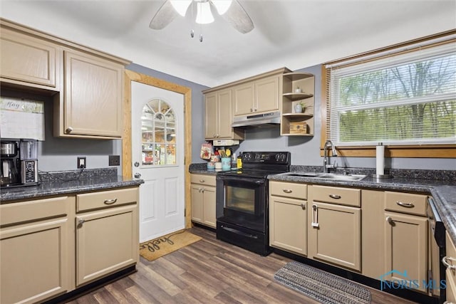 22020 Switzer Rd, Defiance, OH 43512 - kitchen featuring black range with electric cooktop, under cabinet range hood, a sink, a ceiling fan, and open shelves