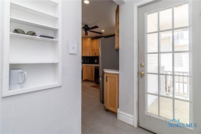 1407 Kenyon Dr, Toledo, OH 43614 - kitchen with open shelves, light tile patterned floors, plenty of natural light, black dishwasher, and recessed lighting