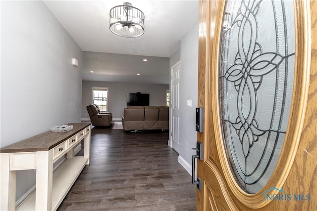 749 Parkside Dr, Wauseon, OH 43567 - entrance foyer with recessed lighting, dark wood-style flooring, baseboards, and a chandelier