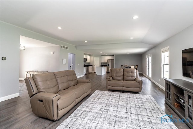 749 Parkside Dr, Wauseon, OH 43567 - living room featuring recessed lighting, baseboards, visible vents, and dark wood-style floors