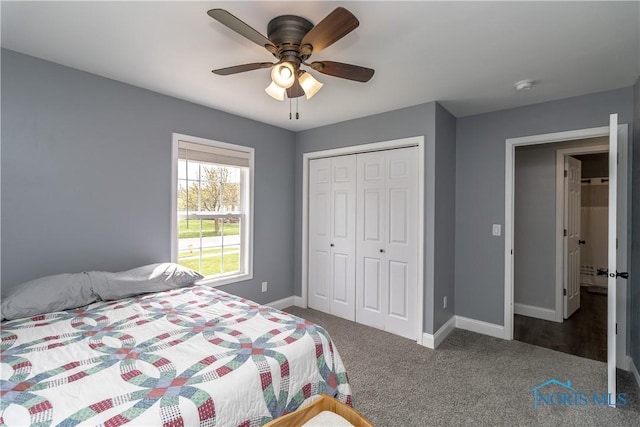749 Parkside Dr, Wauseon, OH 43567 - bedroom with baseboards, carpet flooring, ceiling fan, and a closet