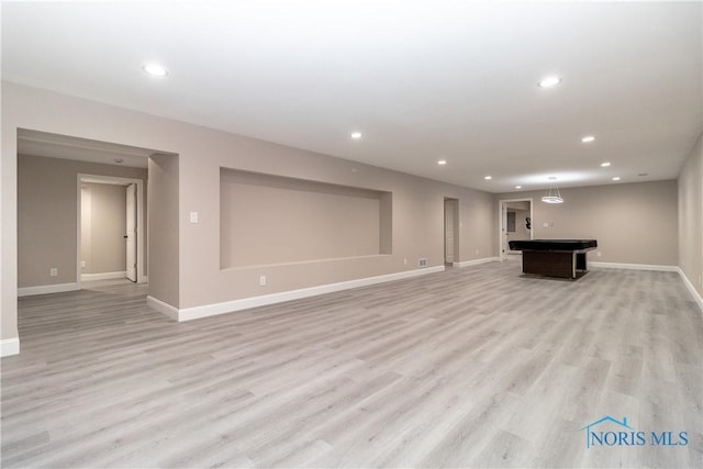 749 Parkside Dr, Wauseon, OH 43567 - basement featuring baseboards, billiards, light wood-style floors, and recessed lighting