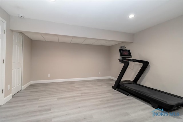 749 Parkside Dr, Wauseon, OH 43567 - workout room with baseboards, light wood finished floors, and recessed lighting