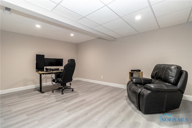 749 Parkside Dr, Wauseon, OH 43567 - office featuring baseboards, recessed lighting, light wood finished floors, and a paneled ceiling