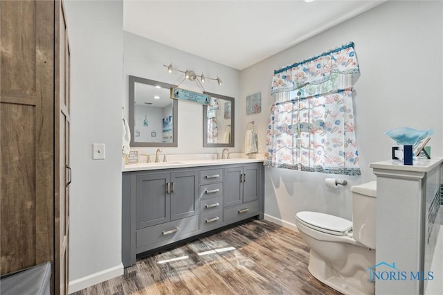 106 N Munson Rd, Swanton, OH 43558 - full bathroom featuring wood finished floors, toilet, baseboards, and double vanity