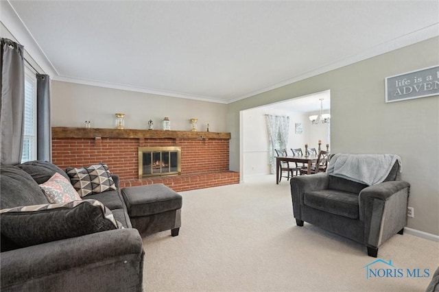 106 N Munson Rd, Swanton, OH 43558 - carpeted living area featuring crown molding, a chandelier, and a fireplace