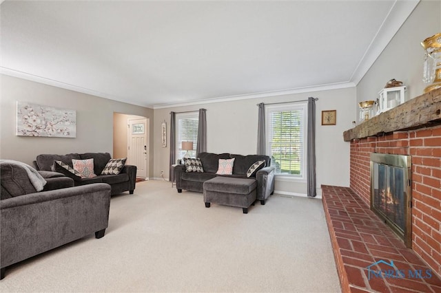 106 N Munson Rd, Swanton, OH 43558 - living area featuring ornamental molding, carpet floors, a brick fireplace, and baseboards