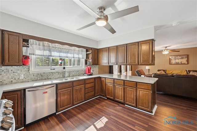 106 N Munson Rd, Swanton, OH 43558 - kitchen with stainless steel dishwasher, a ceiling fan, a sink, a peninsula, and open shelves