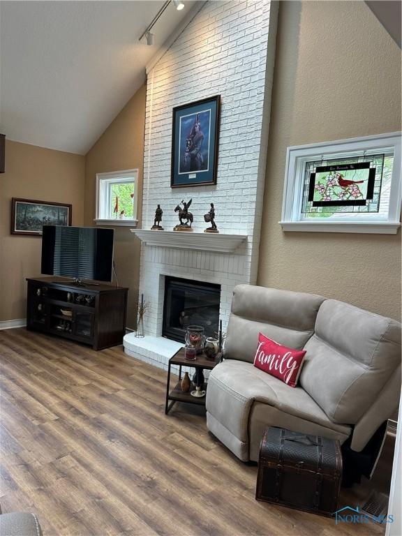 living area with a brick fireplace, rail lighting, wood finished floors, baseboards, and lofted ceiling