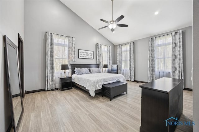 1020 Michigan Ave, Waterville, OH 43566 - bedroom featuring high vaulted ceiling, light wood finished floors, multiple windows, baseboards, and a ceiling fan