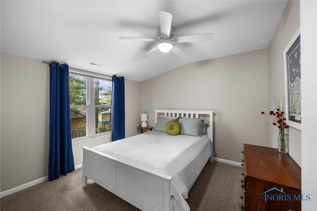 bedroom featuring visible vents, carpet flooring, baseboards, and ceiling fan
