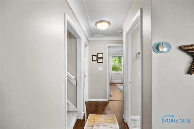 hallway with baseboards and wood finished floors