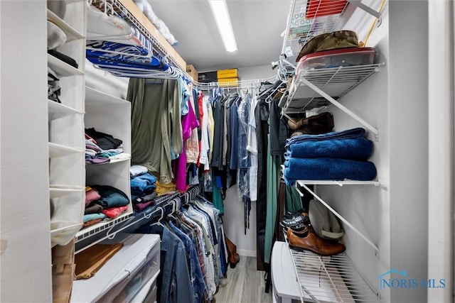 walk in closet with wood finished floors