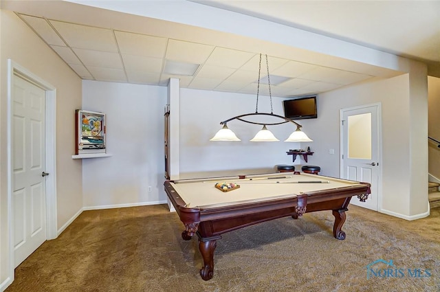 rec room featuring billiards, carpet, and a paneled ceiling