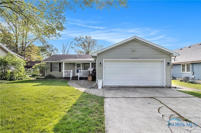 29058 White Rd, Perrysburg, OH 43551 - ranch-style house featuring an attached garage, a front lawn, a porch, cooling unit, and driveway