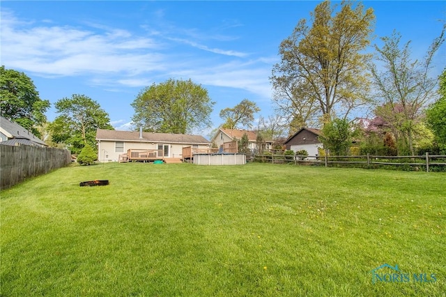 29058 White Rd, Perrysburg, OH 43551 - view of yard featuring a swimming pool, a wooden deck, and a fenced backyard