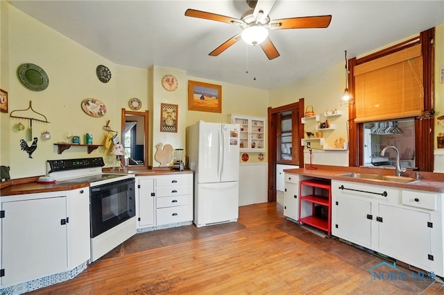 13707 Brint Rd, Berkey, OH 43504 - kitchen with white appliances, a sink, open shelves, ceiling fan, and hardwood / wood-style flooring