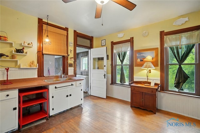 13707 Brint Rd, Berkey, OH 43504 - kitchen with a wainscoted wall, a sink, ceiling fan, hardwood / wood-style flooring, and plenty of natural light