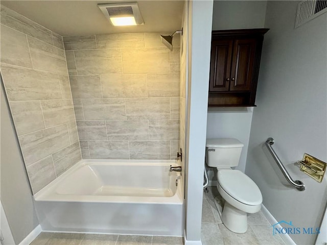 bathroom with tile patterned flooring, toilet, baseboards, shower / washtub combination, and visible vents