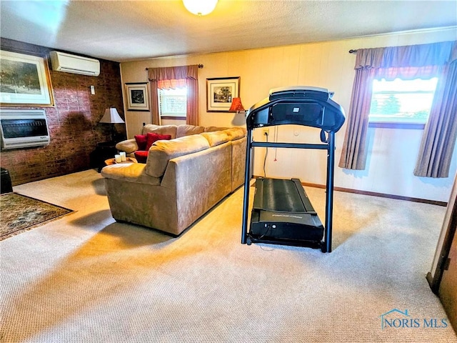 24046 Defiance Pike, Custar, OH 43511 - exercise area with carpet floors, a wall mounted AC, heating unit, and brick wall