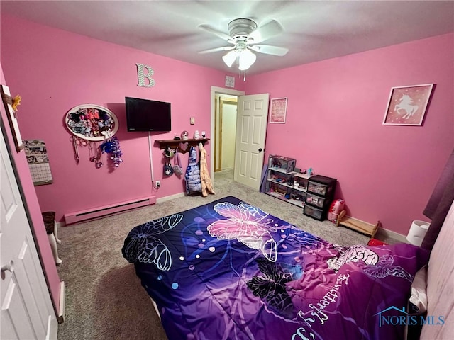carpeted bedroom featuring ceiling fan, baseboards, and a baseboard radiator