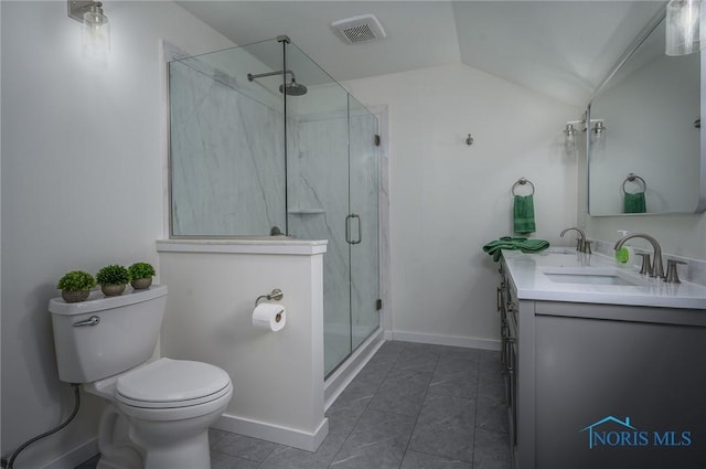 full bath with visible vents, tile patterned flooring, toilet, a shower stall, and a sink