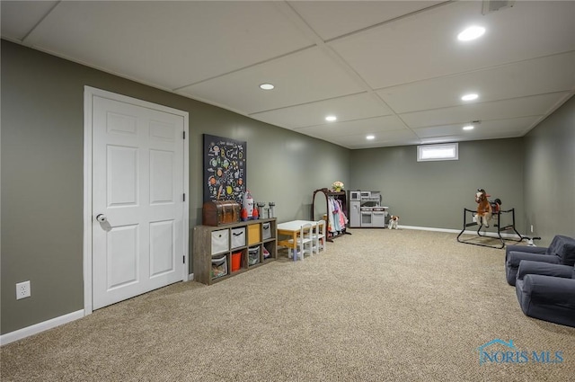recreation room with carpet floors, recessed lighting, and baseboards