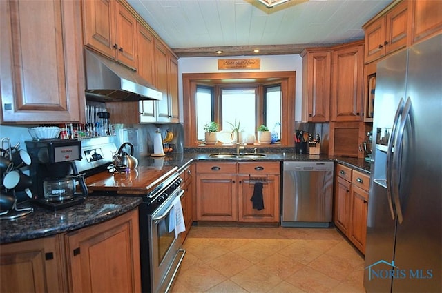 kitchen with a sink, stainless steel appliances, brown cabinets, and under cabinet range hood