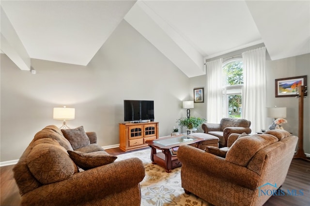 living room with baseboards, wood finished floors, and lofted ceiling