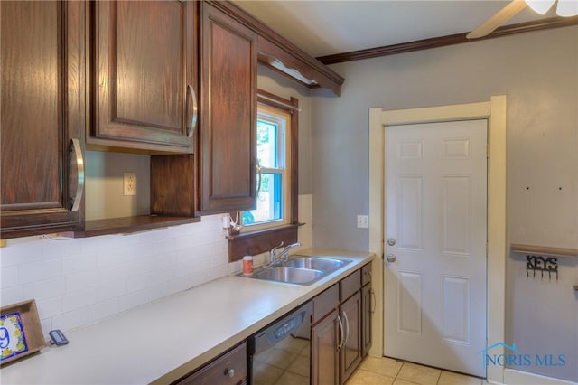 229 E Harrison St, Maumee, OH 43537 - kitchen featuring a sink, black dishwasher, crown molding, backsplash, and light countertops