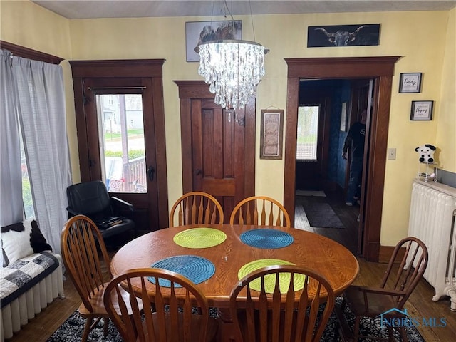 dining space with a chandelier, wood finished floors, and radiator heating unit