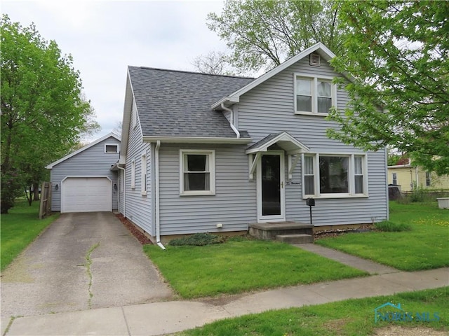 bungalow-style house with roof with shingles, a garage, a front lawn, and driveway