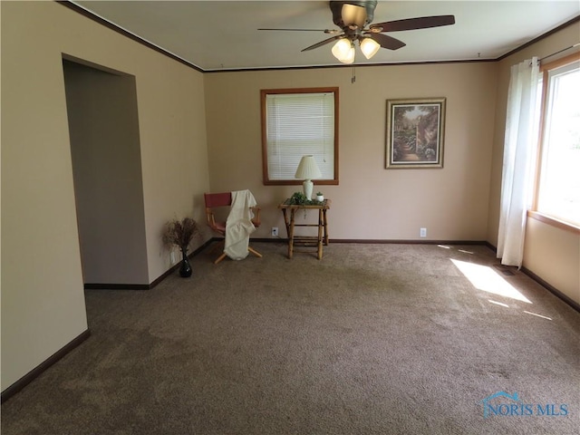 living area featuring ceiling fan, ornamental molding, carpet, and baseboards