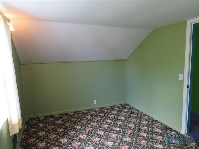 additional living space with lofted ceiling, carpet, and baseboards