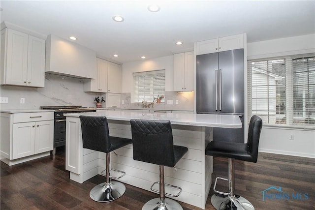 kitchen with dark wood-style flooring, premium appliances, custom exhaust hood, and plenty of natural light