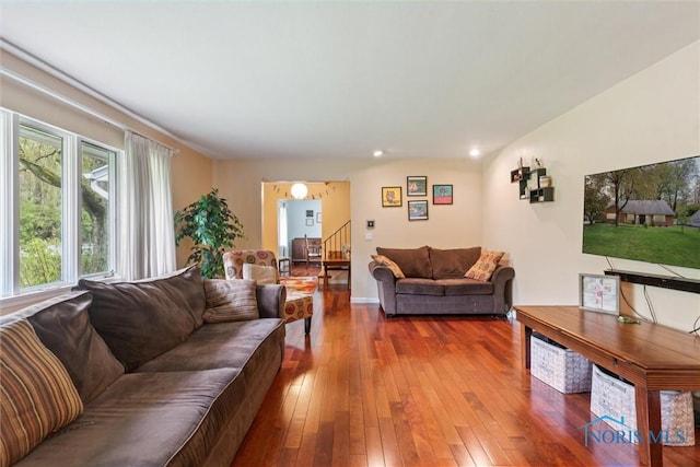 3448 Corey Rd, Toledo, OH 43615 - living room with hardwood / wood-style flooring, stairway, and recessed lighting
